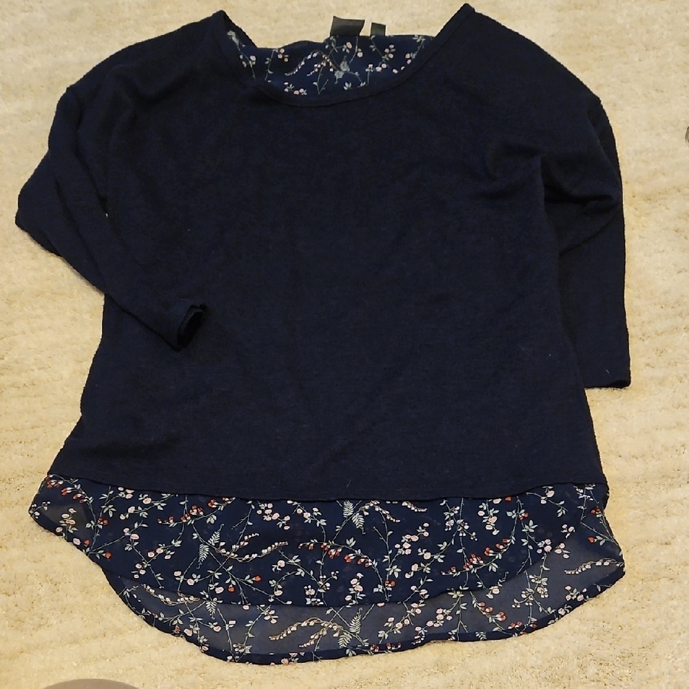 New York & Company Navy Blue Floral Long Sleeve Top